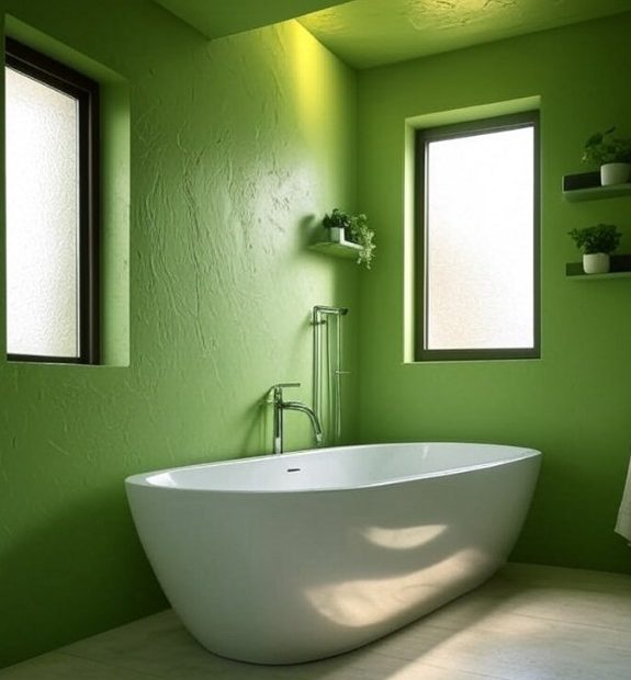 Eine freistehende Badewanne in einem von zwei Fenstern mit Licht durchfluteten Zimmer, an den Wänden grüner Kalkmarmorputz