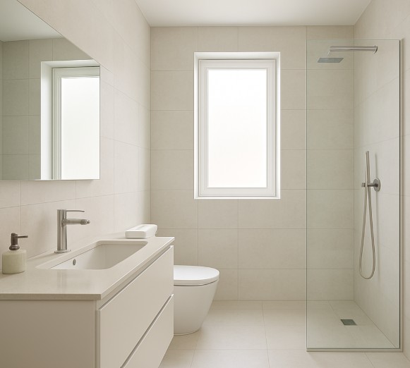 Das Bild zeigt ein modernes Badezimmer in heller, minimalistischer Gestaltung. Die Wände und der Boden bestehen aus glatten, großformatigen Flächen aus Stein oder Keramik – ohne sichtbare Fugen. Die Farbpalette ist ruhig und elegant, mit Weiß-, Grau- und Beigetönen, die vom sanften, natürlichen Licht unterstrichen werden. Ein großes Waschbecken, eine bodengleiche Dusche mit Glasabtrennung und dezente Armaturen fügen sich harmonisch in das klare Raumkonzept ein.